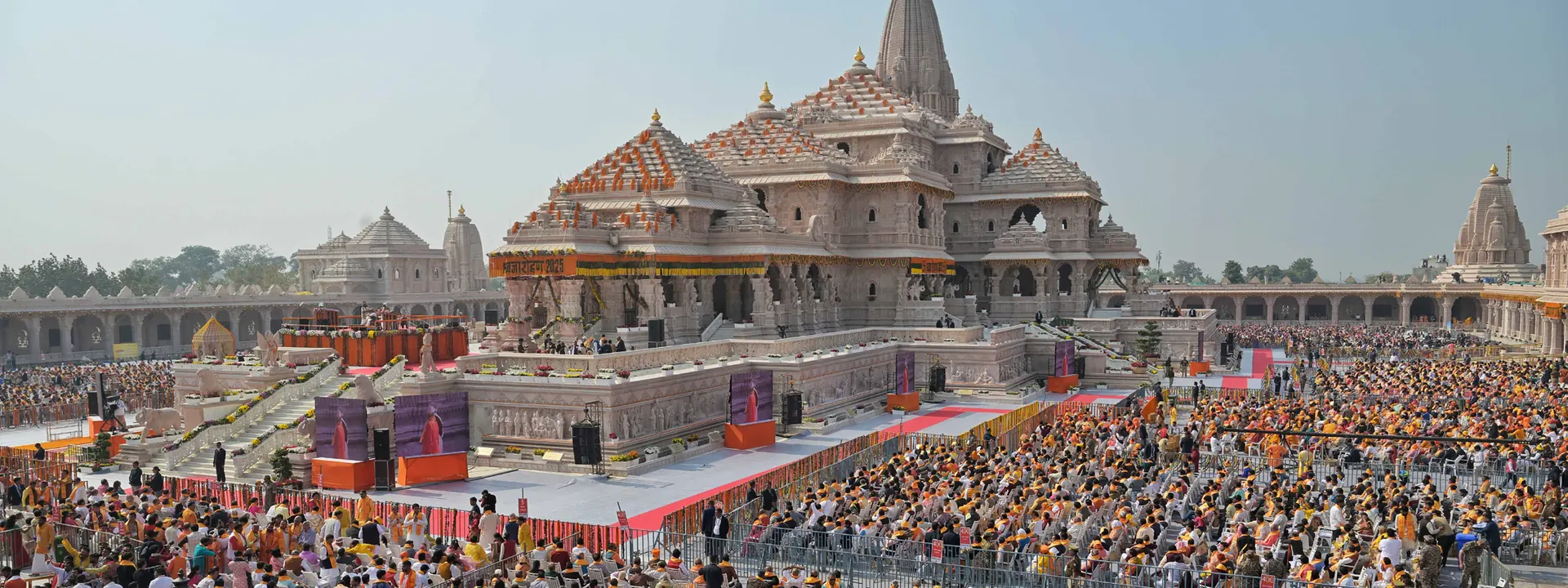 Shri Ram Janmabhoomi Mandir in Ayodhya with devotees in the courtyard
